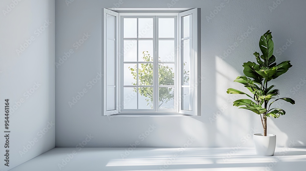 A minimalist room with white walls, a bright window, and a single green plant. A minimalist room with white walls, a bright window, and a single green plant.