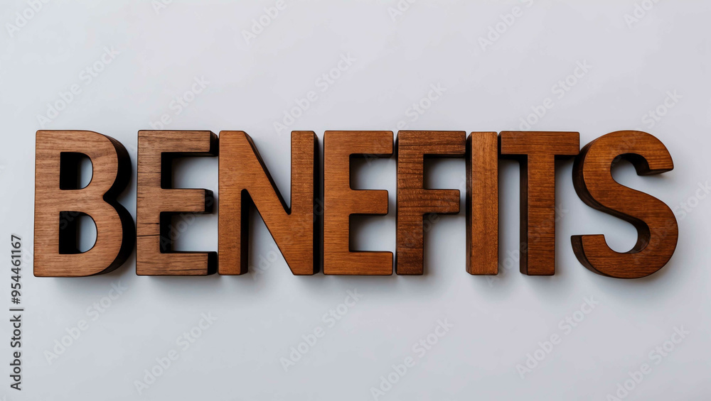 benefits word brown wood letters on plain white background benefits word brown wood letters on plain white background