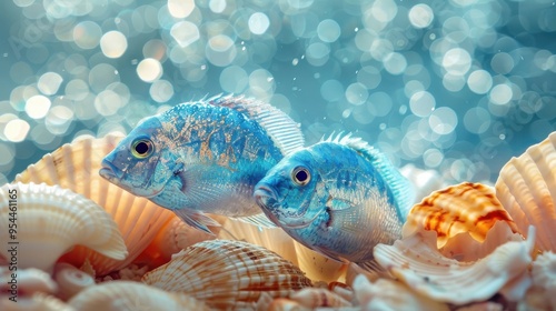 Pair of fish lying on a bed of seashells with a glittering backdrop photo