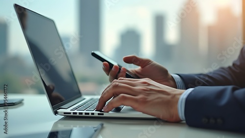 A close-up of hands typing on a laptop keyboard with a cityscape overlay, symbolizing modern business, technology, and urban connectivity. Ideal for themes of digital work