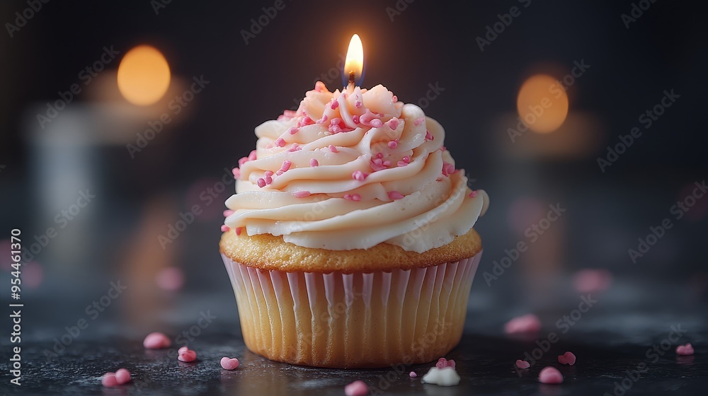 Birthday Cupcake with Candle and Pink Sprinkles Birthday Cupcake with Candle and Pink Sprinkles