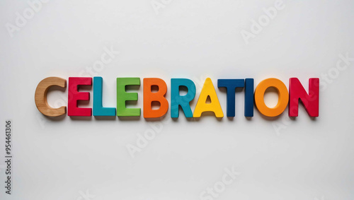 celebration word colorful wooden letters on plain white background