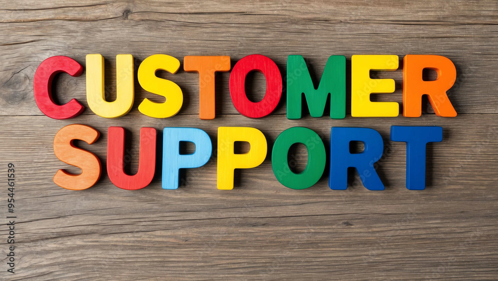 Fototapeta premium customer support word colorful wooden letters on plain white background