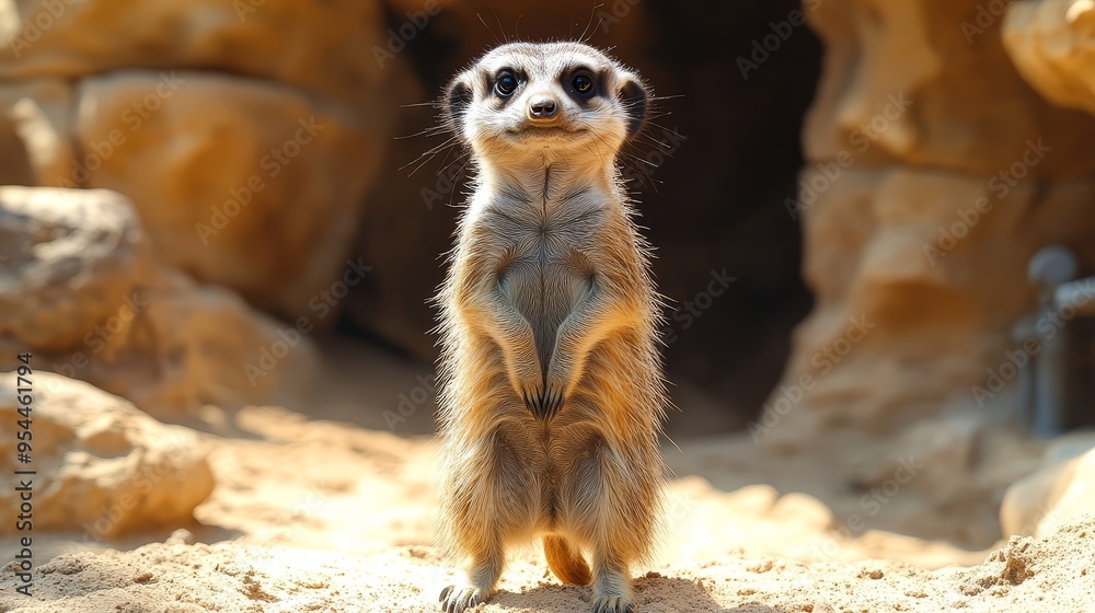 Fototapeta premium Curious Meerkat Standing on Sand in a Zoo Enclosure