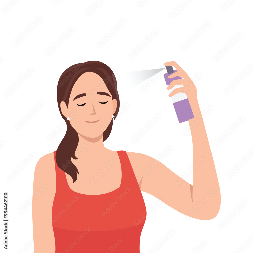 Young woman Spraying Dry Shampoo. Flat vector illustration isolated on white background Young woman Spraying Dry Shampoo. Flat vector illustration isolated on white background