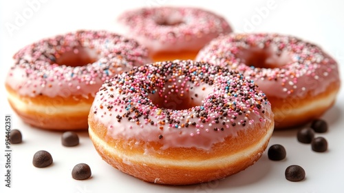 Pink Glazed Donuts with Sprinkles and Chocolate Candies