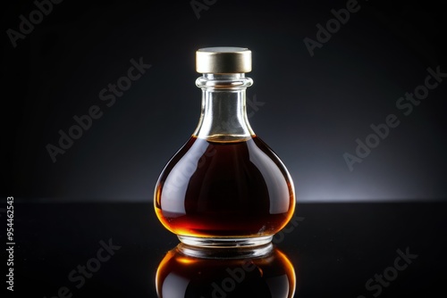 A single, gleaming droplet of malt vinegar resting on the rim of a black glass bottle, on a black background, with subtle, soft focus to create an intimate atmosphere