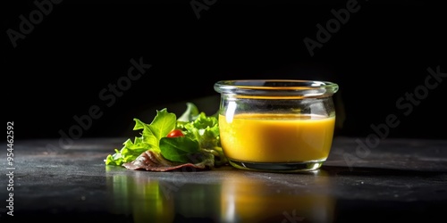 In a minimalist composition, a single serving of vinaigrette is showcased against a black background, its smooth