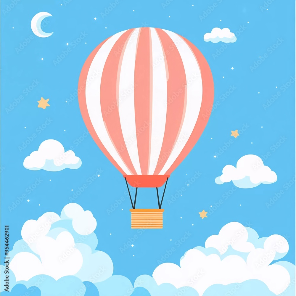 hot air balloon in the sky above the clouds. Children's card in flat design. Nice vector illustration