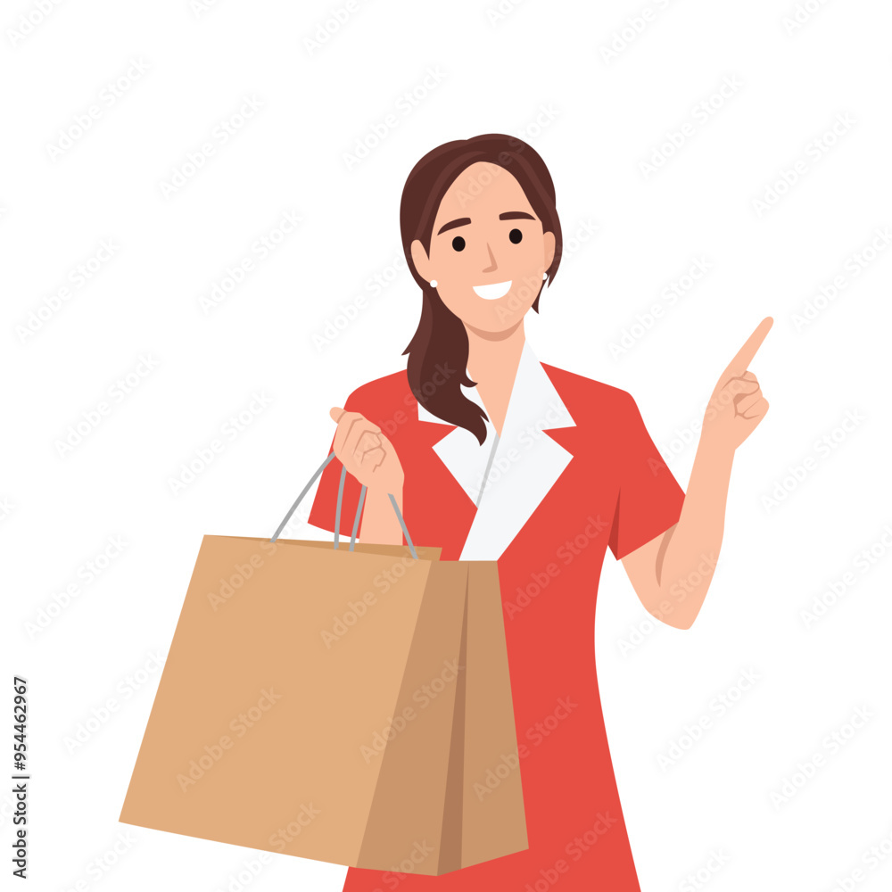 Young attractive fashionable woman holding packages with clothes after shopping. Flat vector illustration isolated on white background Young attractive fashionable woman holding packages with clothes after shopping. Flat vector illustration isolated on white background