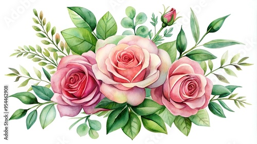 Water color rose with green leaf bouquet in botanical loose style with isolated arrangement set on white background illustration vector. Suitable for Valentine's day and wedding design elements.