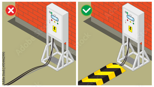 Safety do's and do not's vector illustration. Unsafe work condition of temporary electrical panel cable lay on the road without cover to protect when crushed by large vehicle tires.