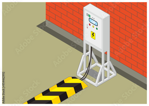 Isometric view of temporary electrical panel box with the cable protection for safety measure vector illustration. Construction facility and equipment on the workplace.