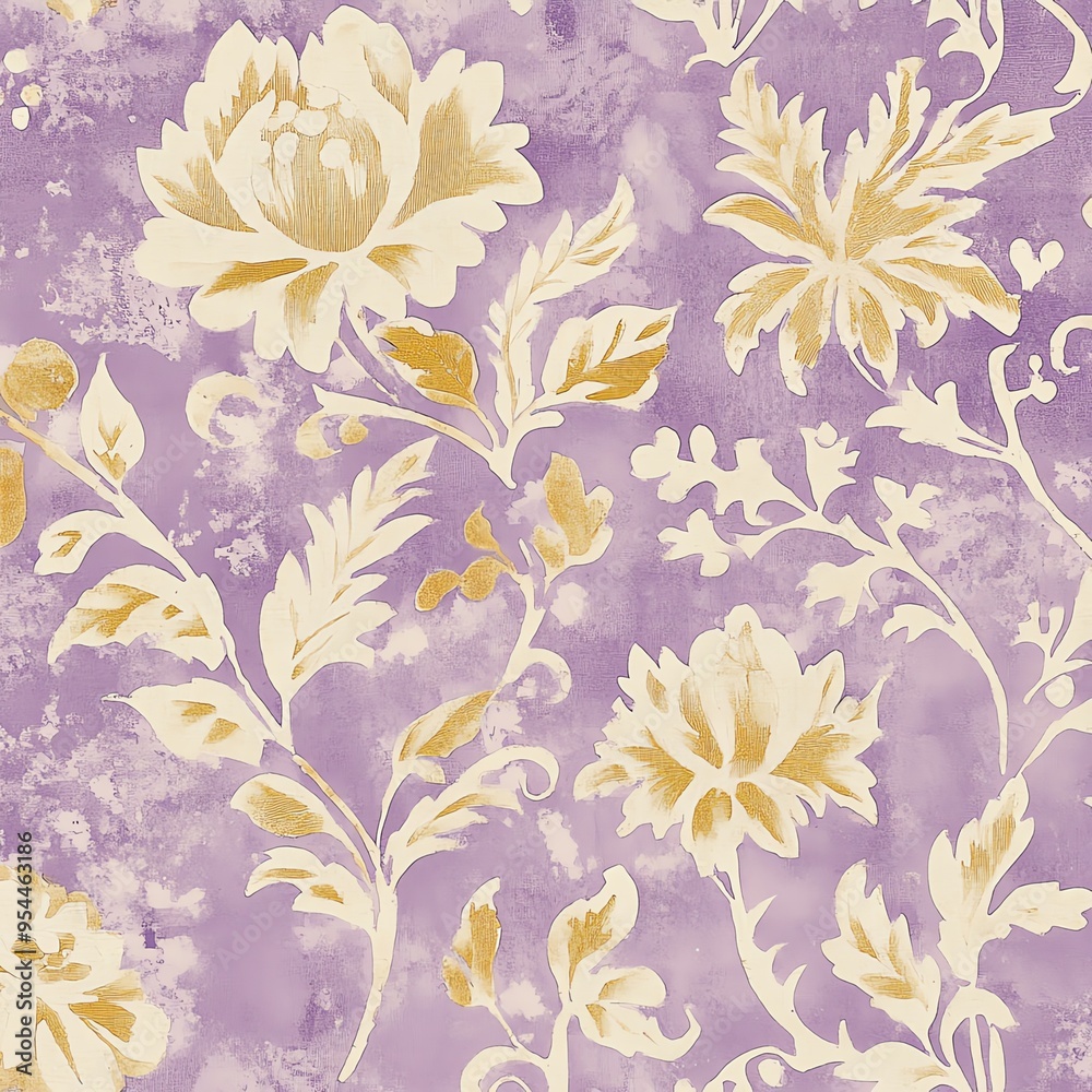 Fototapeta premium Purple and gold floral pattern with vintage aesthetic.
