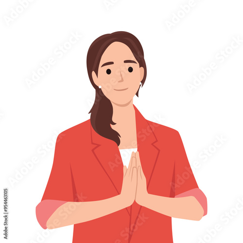 Young woman gesturing traditional greeting. Flat vector illustration isolated on white background
