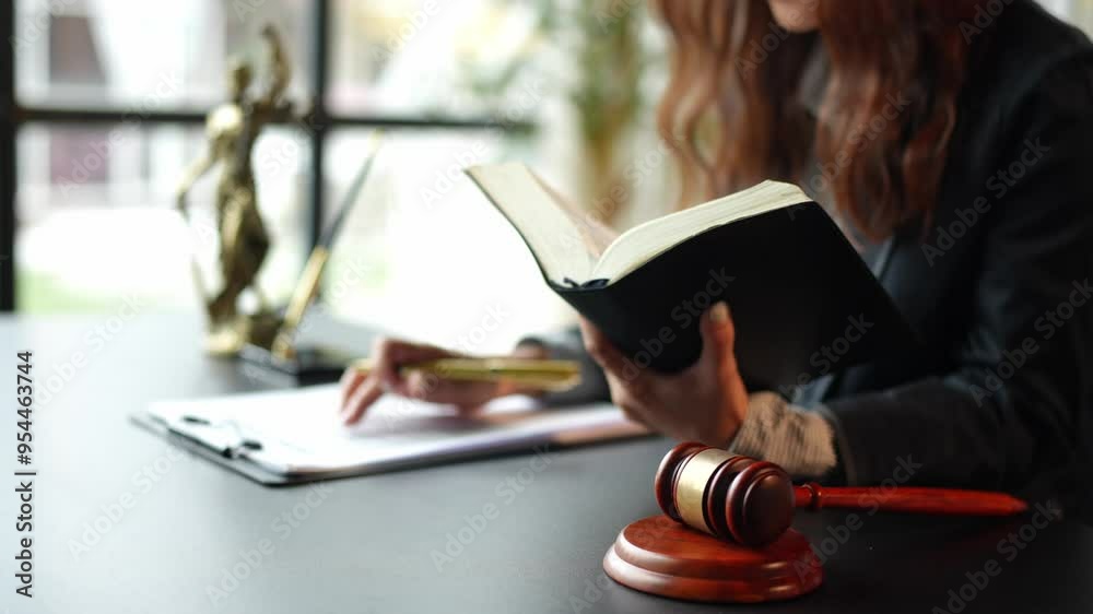 Female lawyer in office Business woman sitting and reading contract documents law book legal services Validation of documents, business contracts, advice, fairness, real estate concepts.