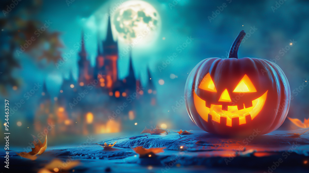 spooky jack-o-lantern in a magical glowing castle background with a bright glowing moon in the background, spooky jack-o-lantern in a magical glowing castle background with a bright glowing moon in the background,