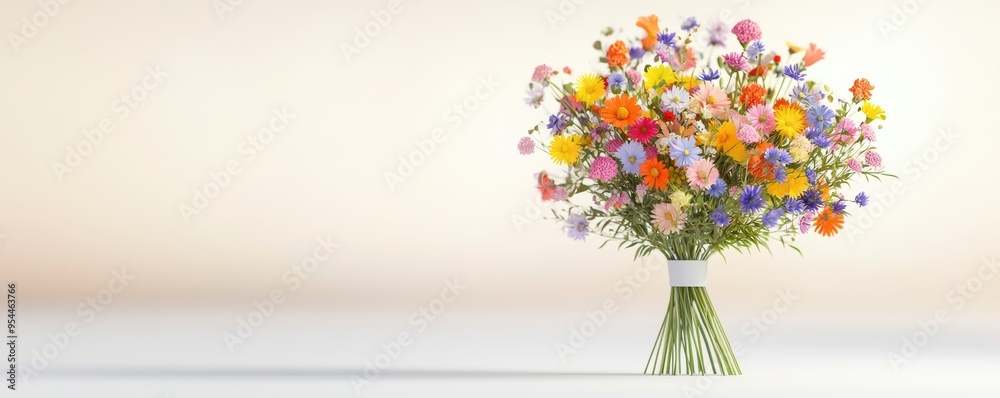 Top view, colorful bouquet of wildflowers, isolated on white, 3D illustration Top view, colorful bouquet of wildflowers, isolated on white, 3D illustration