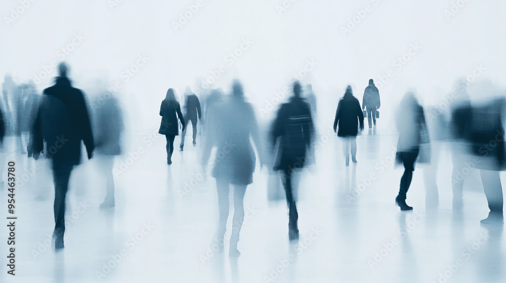 Ghostly blurred image of people walking in a minimalistic light-filled environment, capturing movement, anonymity, and the passage of time in an abstract and ethereal style Ghostly blurred image of people walking in a minimalistic light-filled environment, capturing movement, anonymity, and the passage of time in an abstract and ethereal style