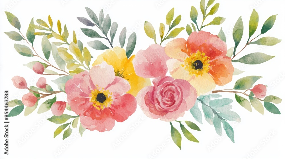 Obraz premium Top view bright bouquet, vibrant florals isolated on white, soft watercolor brushstrokes
