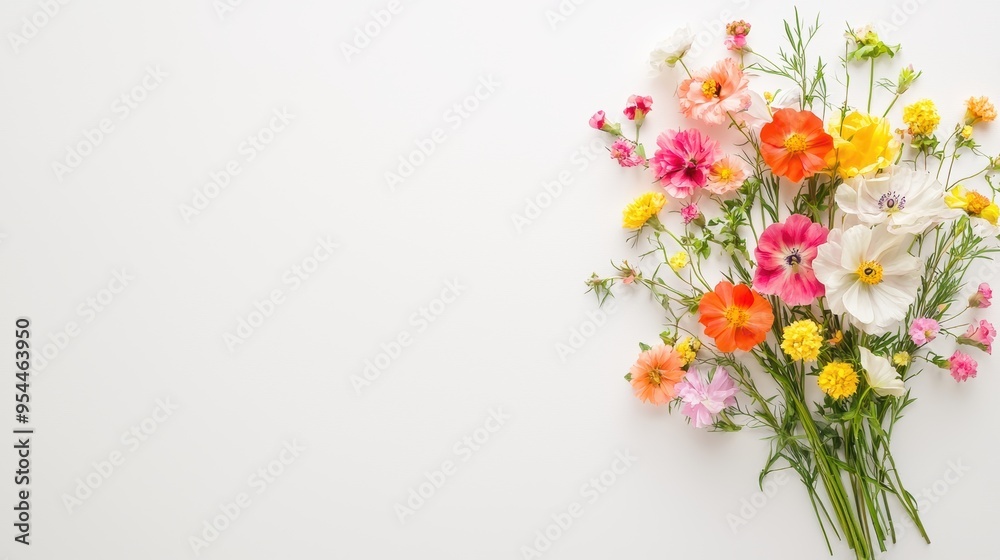 Bouquet of flowers, top perspective, bright blooms on white, watercolor effect Bouquet of flowers, top perspective, bright blooms on white, watercolor effect