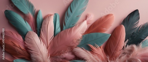 Pastel colored feathers on pink background. photo