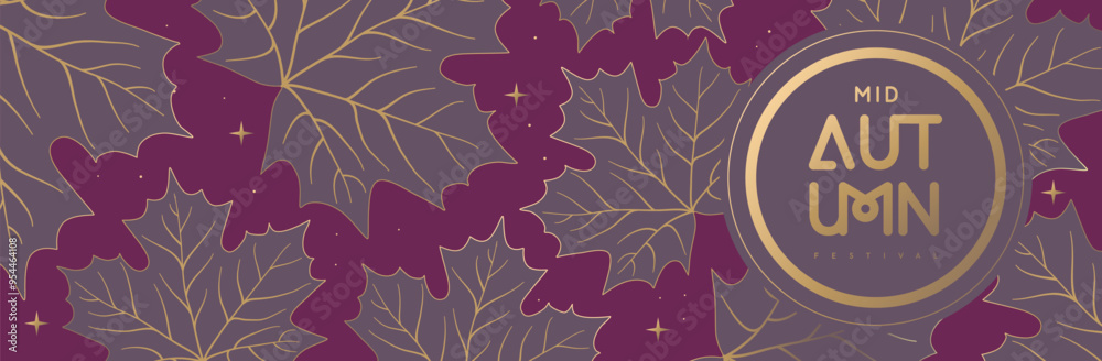 Mid-autumn festival banner with full moon and maple leaves on purple background. Vector illustration Mid-autumn festival banner with full moon and maple leaves on purple background. Vector illustration