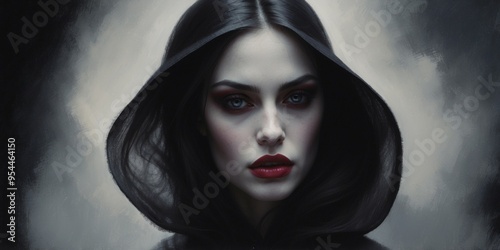 A darkly seductive vampire stands tall in an acrylic painting, exuding an aura of mystery and allure. photo