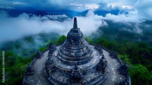 Fototapeta Naklejka Na Ścianę i Meble -  The ancient Borobudur temple at dawn, shrouded in mist with the surrounding Indonesian jungle enhancing its mystical aura, 