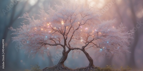 A shimmering binary tree entity, its branches adorned in opalescent hues of pastel pink, blue, and purple, stands out against a soft, dreamy backdrop. photo