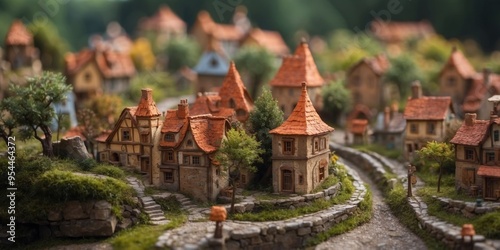 Within a whimsical and distorted landscape, a miniature village seems to come alive in an enchanting tilt-shift photograph. photo