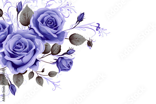 Fototapeta Naklejka Na Ścianę i Meble -  Blue Purple Watercolor Rose on a White Background. Watercolor Blush Pink Rose Clipart with Floral Border and painted Petals, Perfect for Dusty Rose Wedding Designs. Huge Copy Space