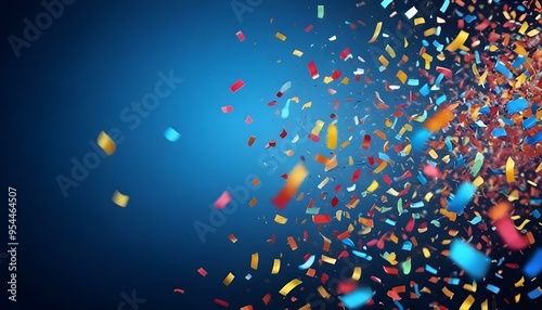 Colorful confetti falling against a blue background with sparkling lights.