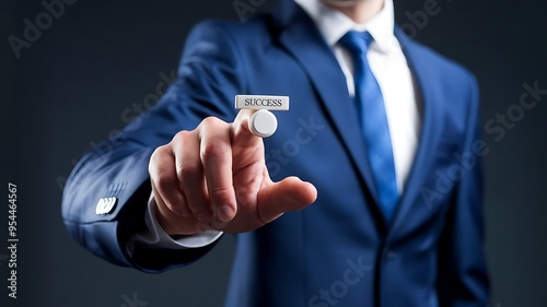 Conceptual image of success with person activating virtual button labeled SUCCESS in corporate setting, symbolizing achievement and goal attainment in business or personal context.