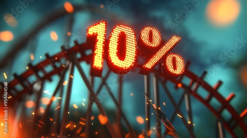 An interest rate percentage sign with a downward trend arrow in the sky, illustrating the effects on the economy photo