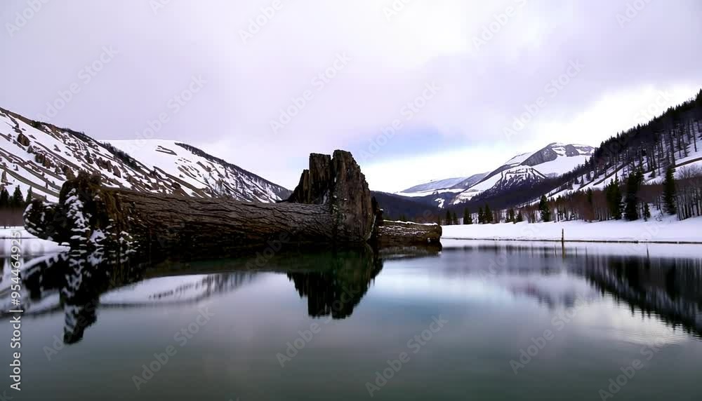 View of an old tree in a lake with the snow-covered mountains in the on a cloudy day
View of an old tree in a lake with the snow-covered mountains in the on a cloudy day