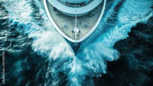 Ultra-detailed depiction of a cruise ship bow cutting through the ocean, with water