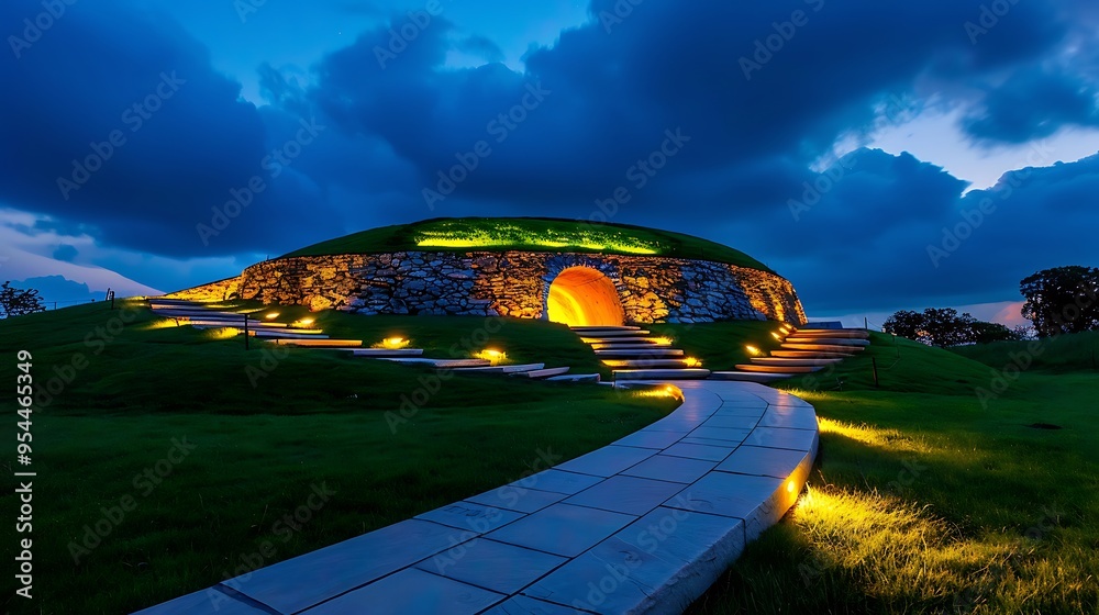 The ancient Newgrange passage tomb, illuminated under a mysterious sky ...