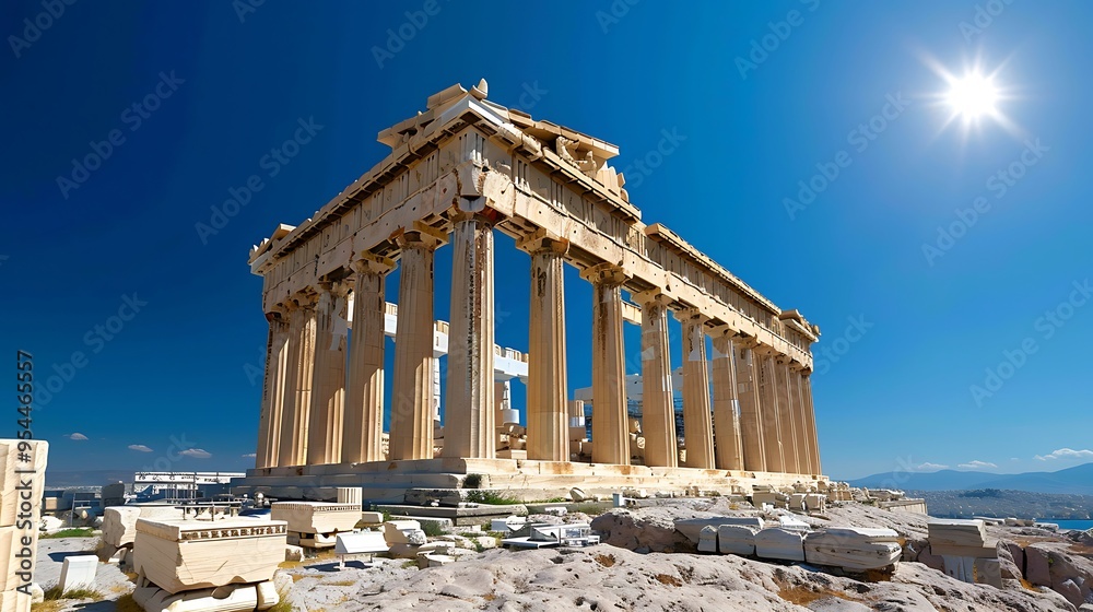 Fototapeta premium The ancient Parthenon on Acropolis hill, majestically overlooking Athens, Greece, a symbol of classical architecture and history, 