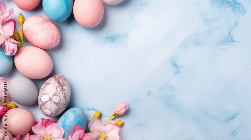 Stylish easter eggs and spring flowers border with space for text on pink background, featuring modern natural dyed blue and marble easter eggs for a vibrant spring greeting card template.
Stylish easter eggs and spring flowers border with space for text on pink background, featuring modern natural dyed blue and marble easter eggs for a vibrant spring greeting card template.