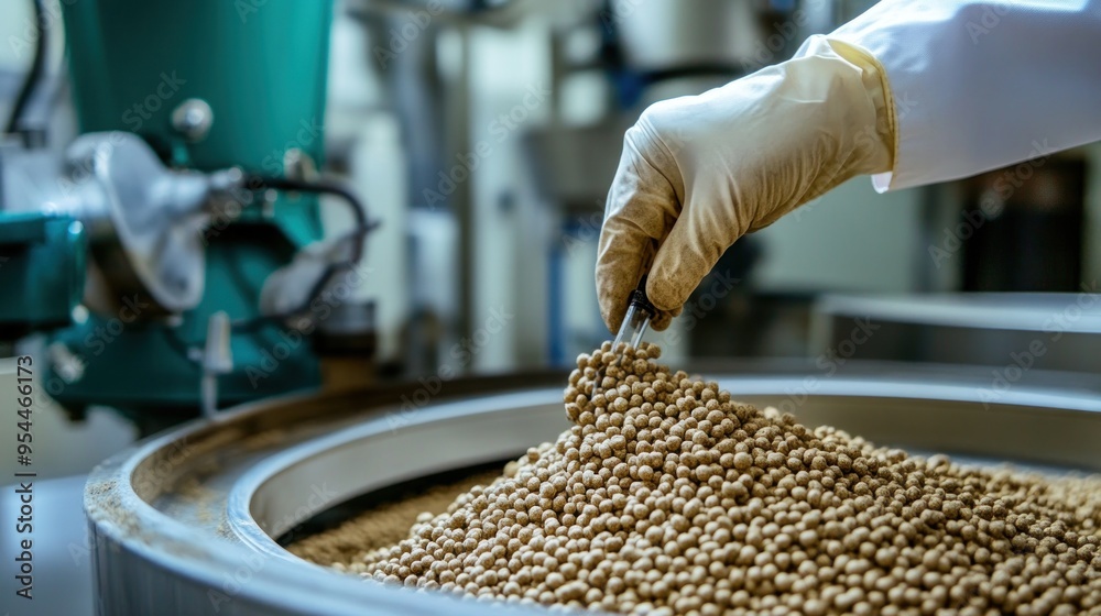 Industrial Food Production - A Hand Adding Pellets Industrial Food Production - A Hand Adding Pellets