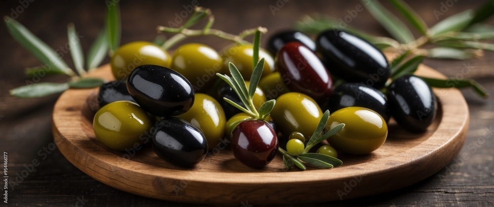 Green and black olives in small wooden plate. Green and black olives in small wooden plate.