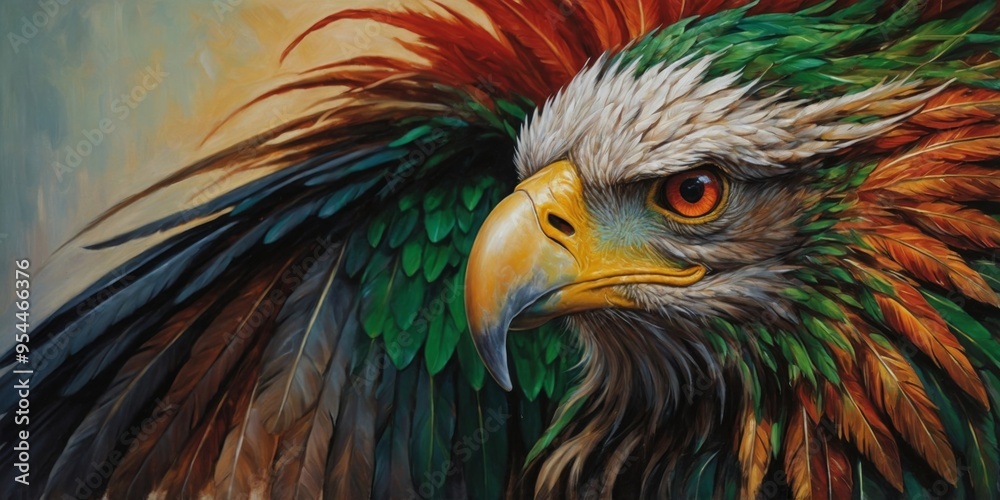 Obraz premium With fiery crimson feathers that seem to pulse with an inner light, a zealous bewildering griffin gazes ahead with intense determination.