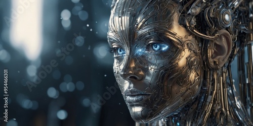 In a grand artistic masterpiece, a resplendently futuristic AI deity gazes out with serene sophistication, donning shimmering metallic robes that seem to shift and flow like liquid silver. photo