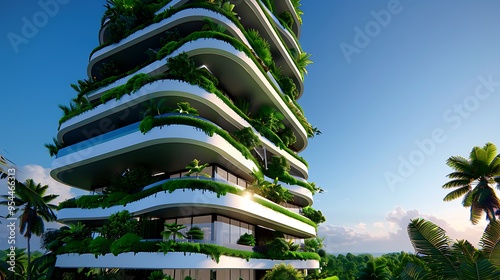 Towering vertical forest residential skyscrapers with lush greenery cascading from every balcony, creating a harmonious blend of urban living and nature,  photo