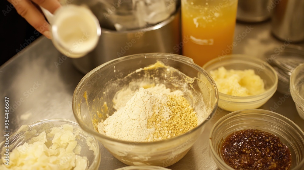 Baking Preparation: Flour, Nuts, and Other Ingredients in Bowls Baking Preparation: Flour, Nuts, and Other Ingredients in Bowls