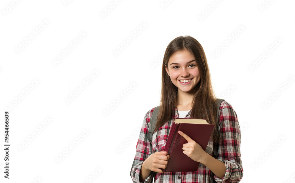 Smiling young female student pointing at something, isolated on white background. Smiling young female student pointing at something, isolated on white background.