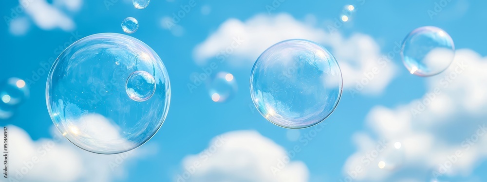Soap bubbles drifting in front of a blue backdrop with white clouds and more blue sky Soap bubbles drifting in front of a blue backdrop with white clouds and more blue sky