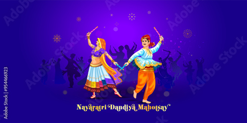 Vector illustration of Navratri festival, Dandiya night dance or garba, raas background. During Durga puja in gujrat people celebrating and dancing.