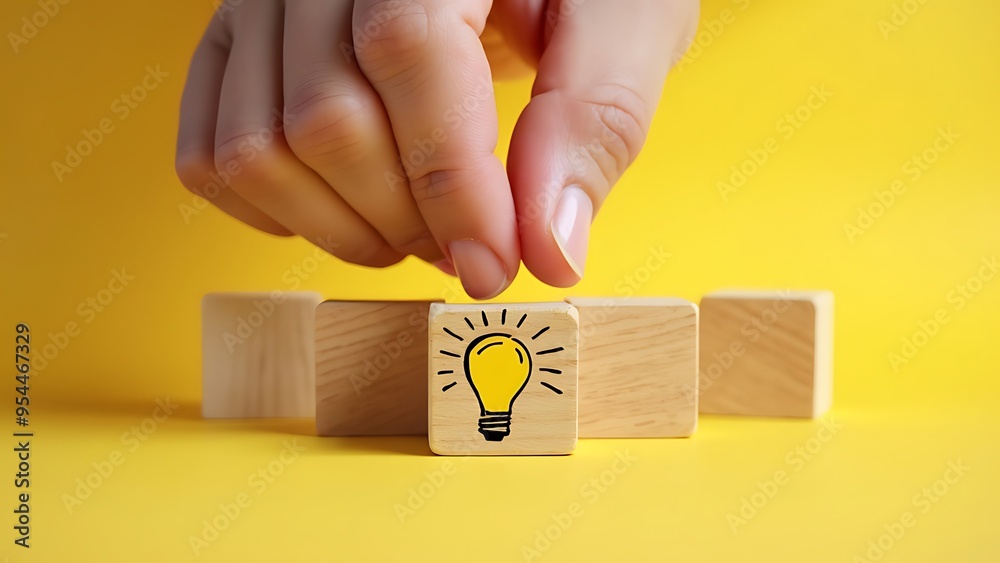 Obraz premium A hand aligns two wooden blocks with a lightbulb drawing on them against a vibrant yellow background. This image symbolizes creativity, innovation